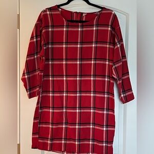 Old Navy Red Plaid Shirt Dress Shift Knee Length 3/4 Sleeve Sz Small